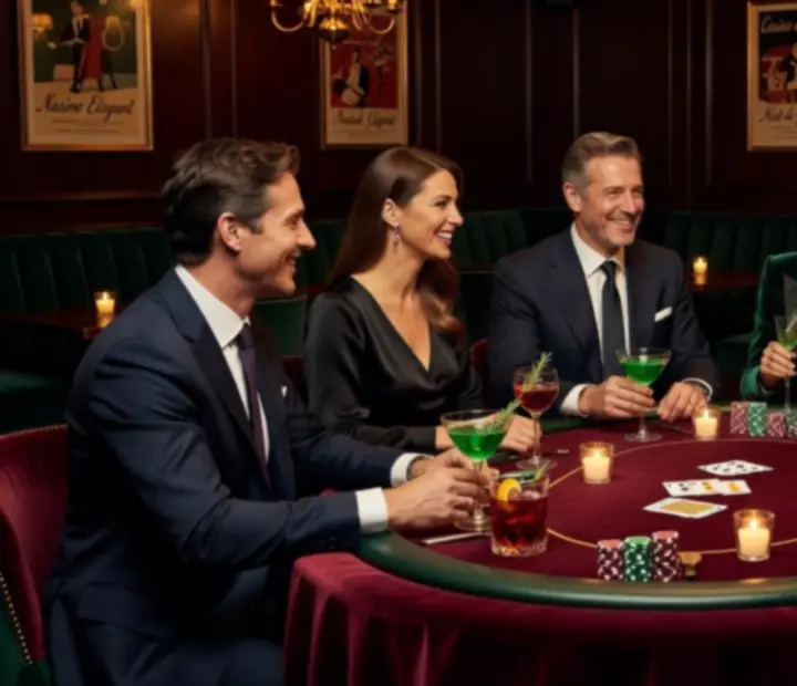 Ambiance chic de soirée poker en restaurant avec convives élégants