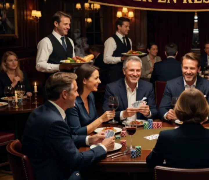 Groupe de convives souriants autour d'une table de poker gourmet dans un restaurant chic