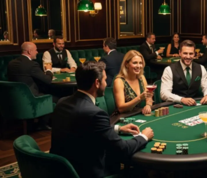 Salle de restaurant chaleureuse avec tables de poker et convives souriants.