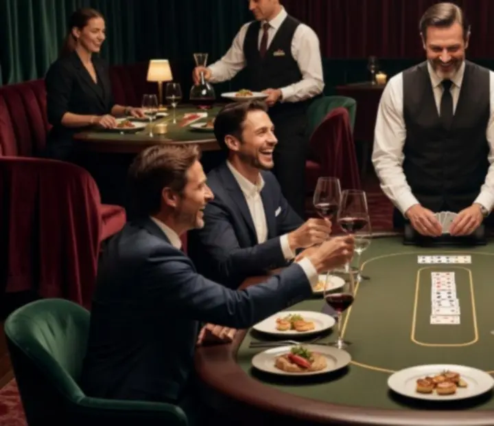 Ambiance raffinée d’une soirée Poker en Restaurant avec invités souriants et table gastronomique
