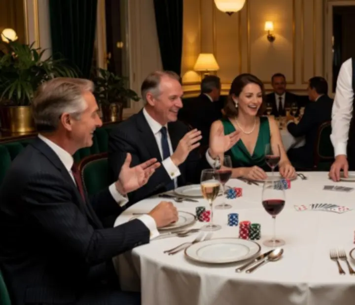 Table de poker élégante dressée dans un restaurant bistronomique, lumière tamisée et jetons premium.