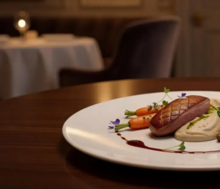 Assiette bistronomique raffinée accompagnée d'un verre de vin
