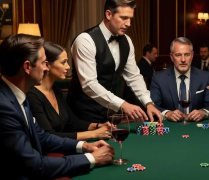 Service de plats gastronomiques pendant une soirée poker animée.