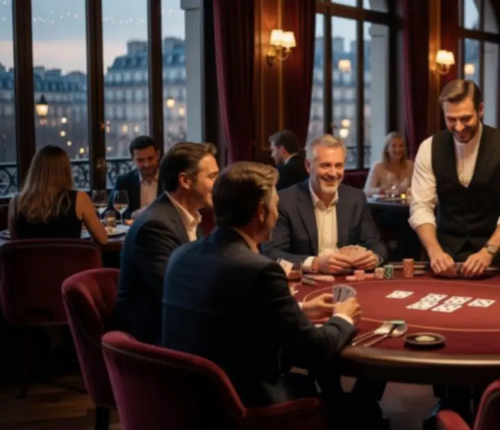 Ambiance chaleureuse d'une soirée poker en restaurant avec convives souriants autour des tables