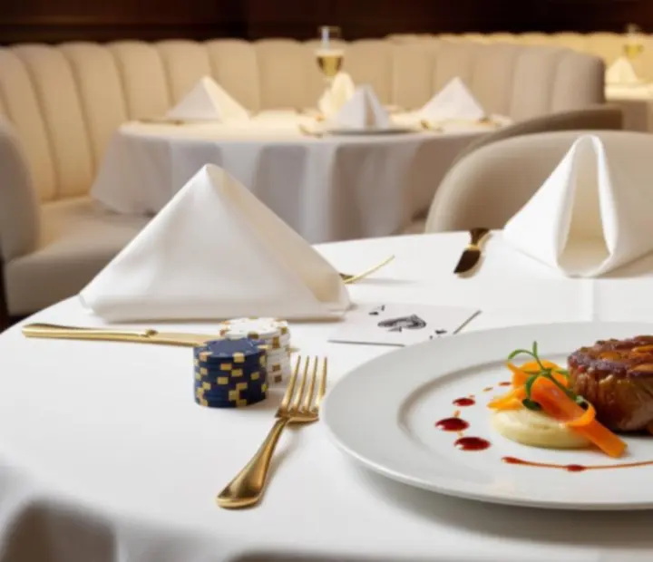 Assiette gastronomique raffinée accompagnée d'un verre de vin dans une ambiance de restaurant chic
