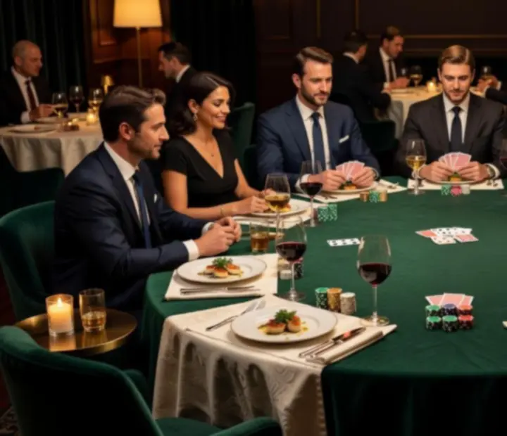 Table de poker élégante dressée dans un restaurant bistronomique avec cartes, jetons et assiettes gastronomiques