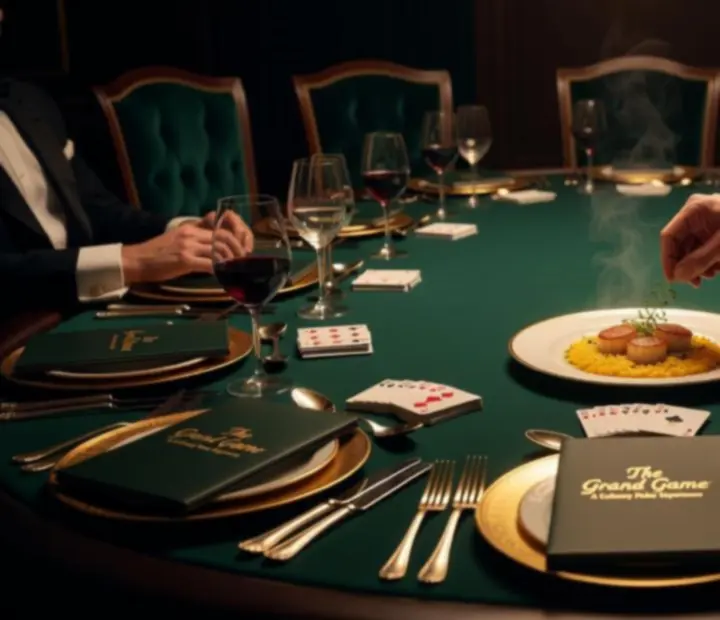 Vue rapprochée d’une table de poker en restaurant avec verres, jetons et cartes.