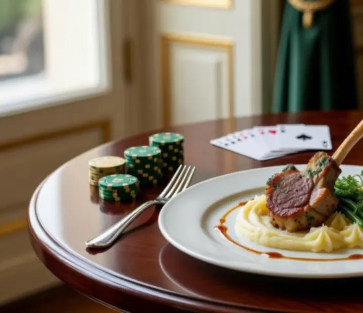Galerie de plats gastronomiques et tables de poker en restaurant