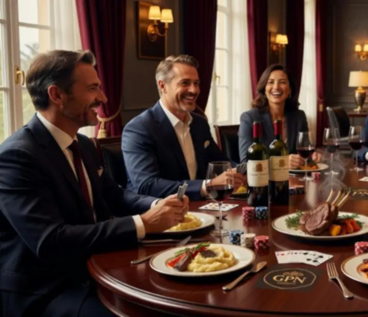 Montage visuel de tables de poker, plats gastronomiques et invités qui rient.