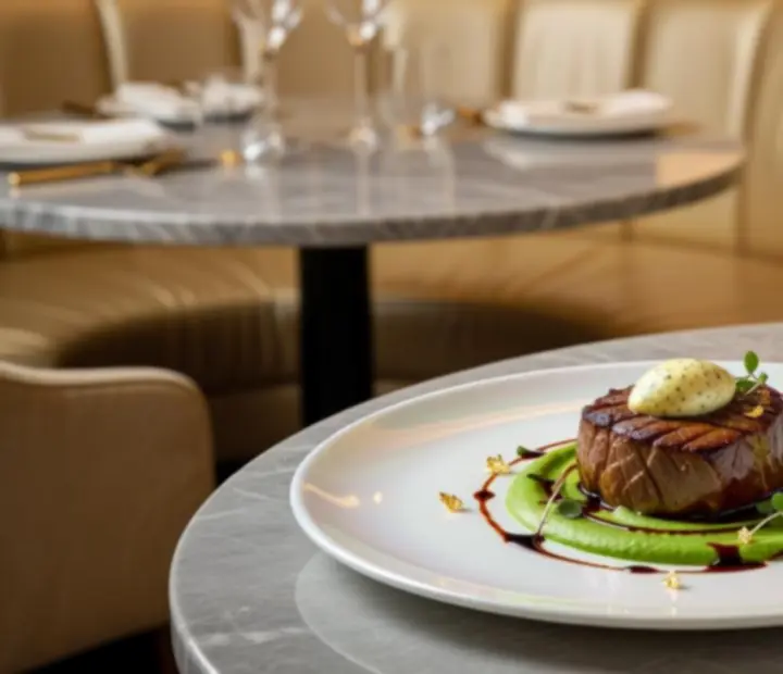 Plats gastronomiques, verres de vin et jetons de poker sur une table de restaurant élégante
