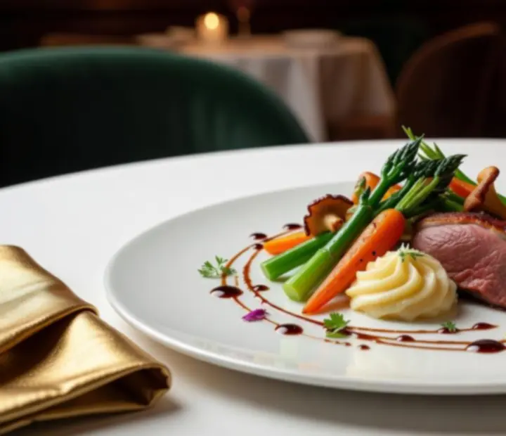 Assiette bistronomique raffinée avec dressage artistique et produits de saison.