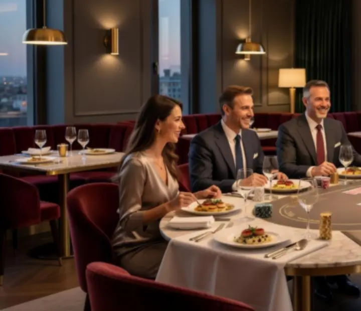 Table de restaurant élégante avec cartes de poker et assiettes gastronomiques.