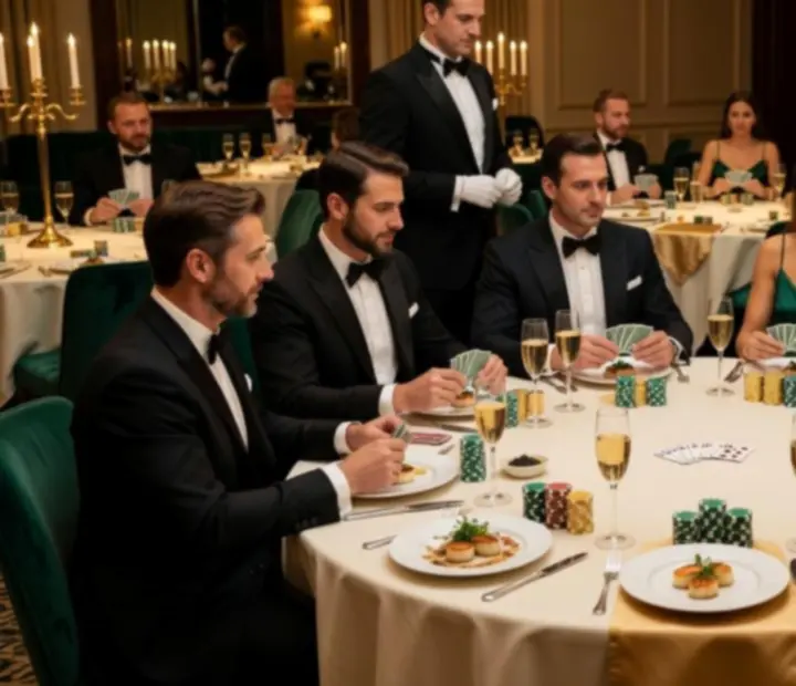 Salle de restaurant chic préparée pour une soirée poker gourmand