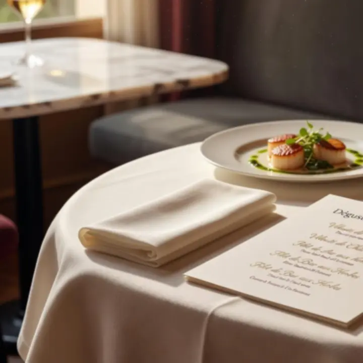 Menu de dégustation élégant dressé sur une table de restaurant chic