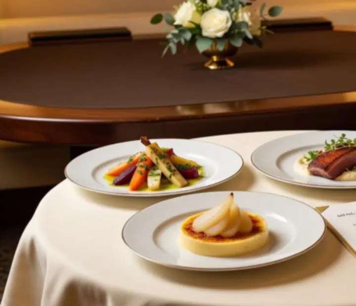 Assiettes gastronomiques et verres de vin sur une table élégante.