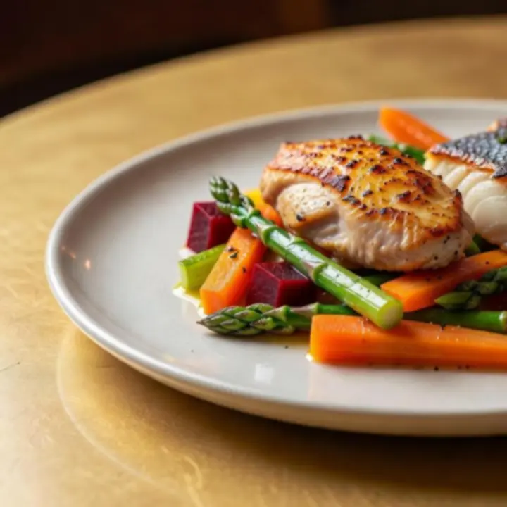 Plat bistronomique raffiné servi dans une assiette élégante