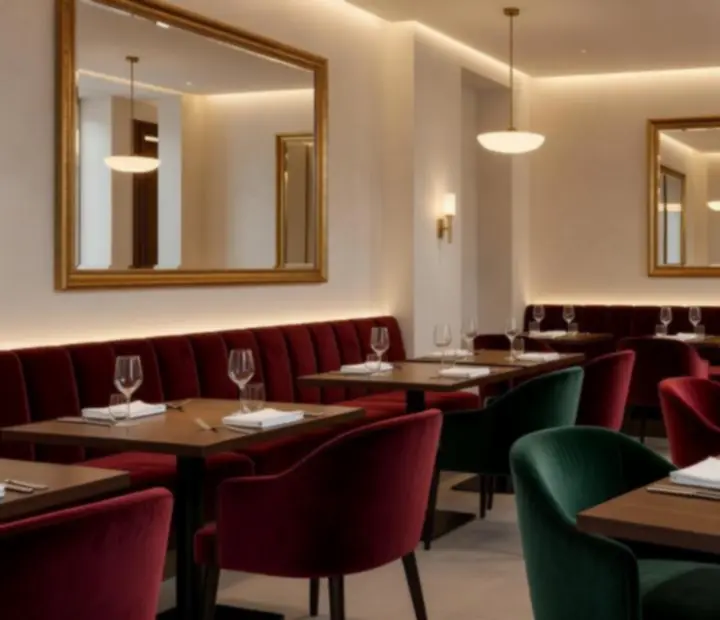 Salle de restaurant au décor chic et contemporain, inspiré de la bistronomie.